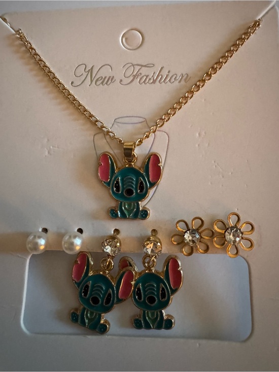 Other - Kids Gold-tone Stitch Character Necklace & Earring Set - Teal Pink